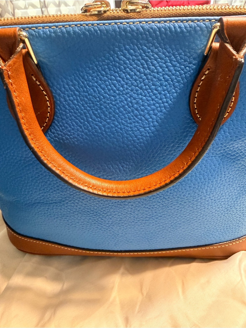 Dooney and Bourke Blue and Tan Pebbled Leather Satchel - Unbranded